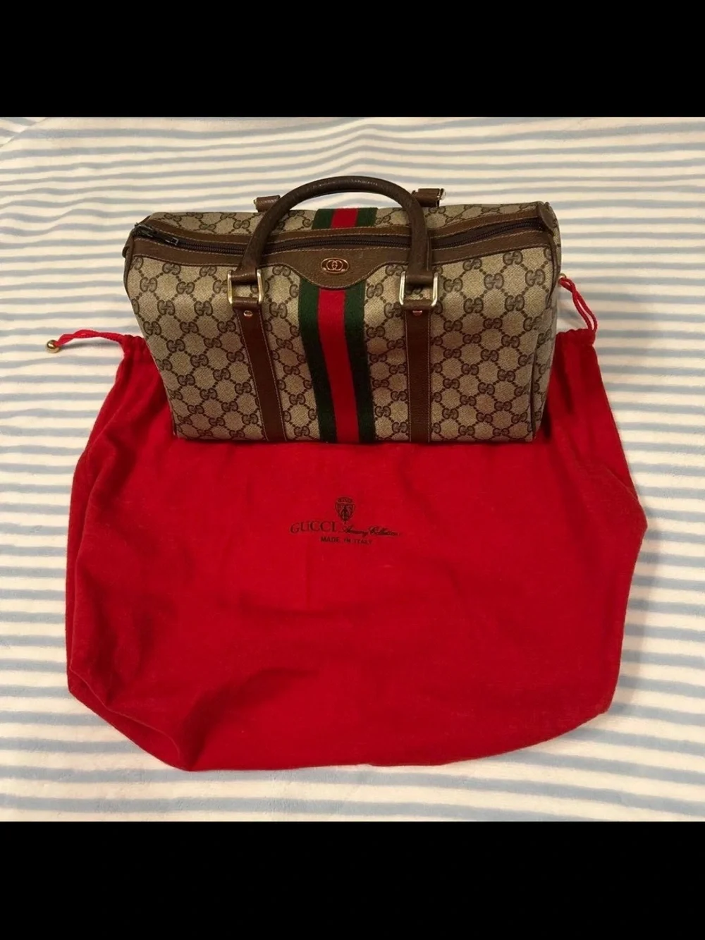 Gucci Beige GG Supreme Satchel with Green-Red Web Stripe